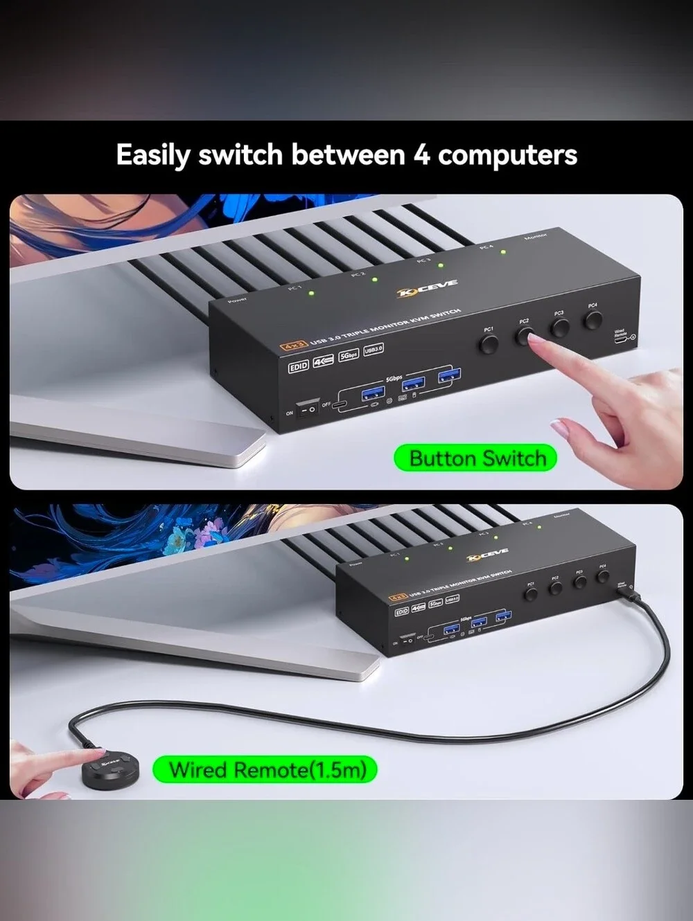 KVM Switch 3 Monitors 4 Computers 4K@60Hz,EDID Simulation,USB 3.0 HDMI Displa...